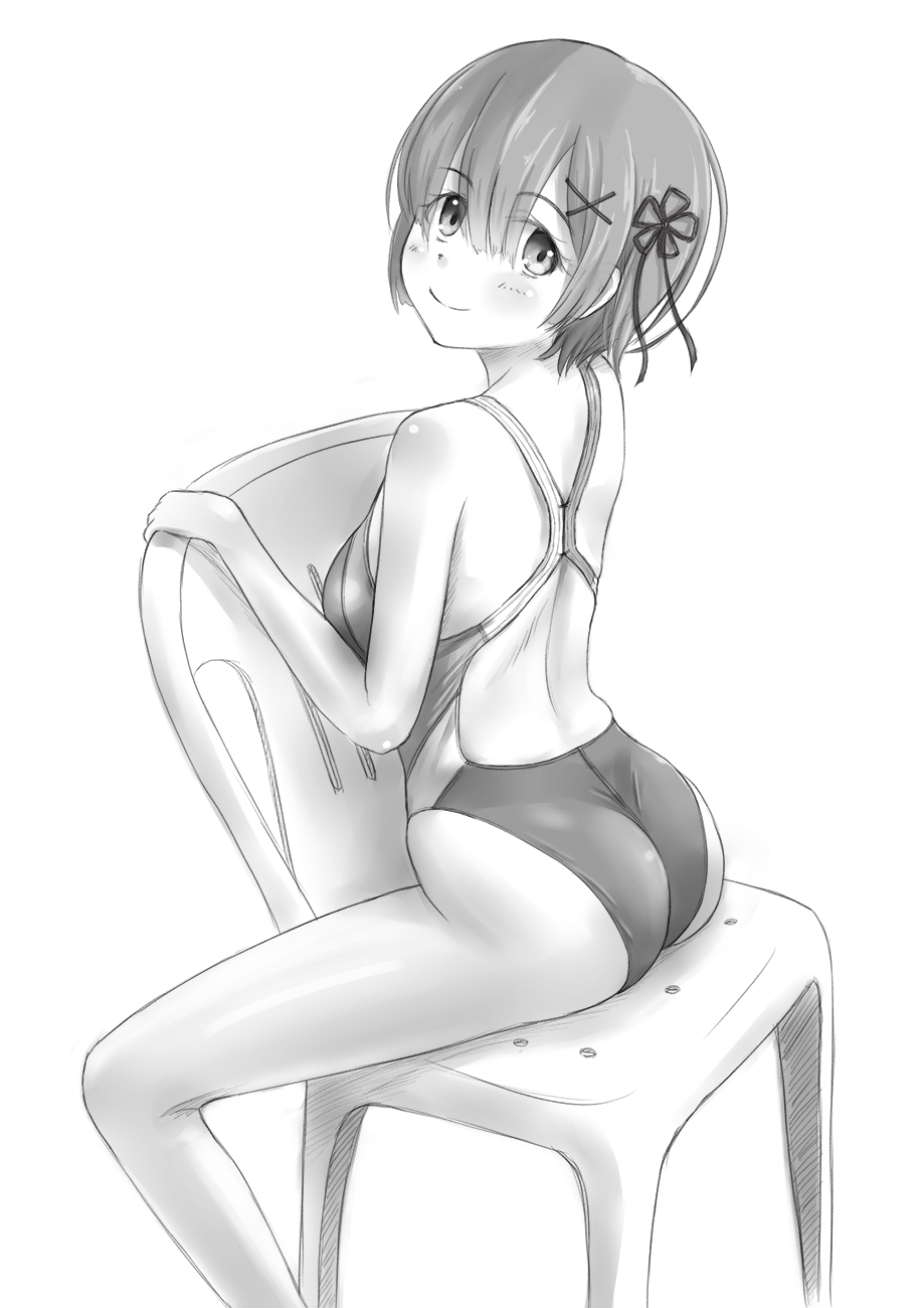 1girl ass bangs blue_hair blunt_bangs chair commentary_request competition_swimsuit cowboy_shot from_behind greyscale hair_between_eyes hair_ornament hair_ribbon highres looking_at_viewer monochrome one-piece_swimsuit re:zero_kara_hajimeru_isekai_seikatsu rem_(re:zero) ribbon sitting solo swimsuit tk4 white_background x_hair_ornament