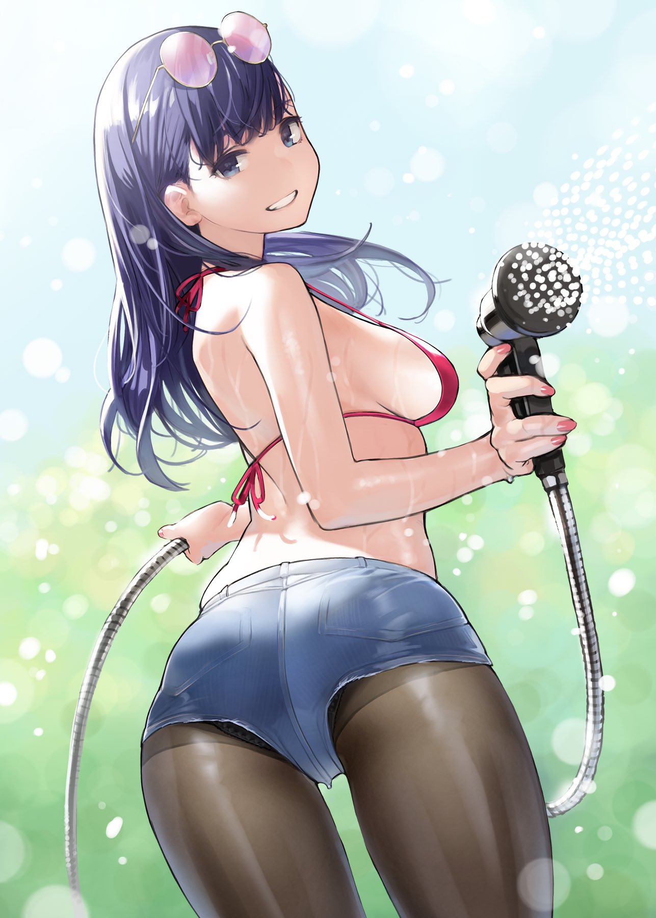 1girl ass bangs black_legwear blue_eyes blue_hair blurry blurry_background breasts denim denim_shorts eyewear_on_head highres large_breasts long_hair looking_at_viewer miru_tights nakabeni_yua pantyhose red_bikini_top red_nails shorts smile solo sunglasses teeth yomu_(sgt_epper)