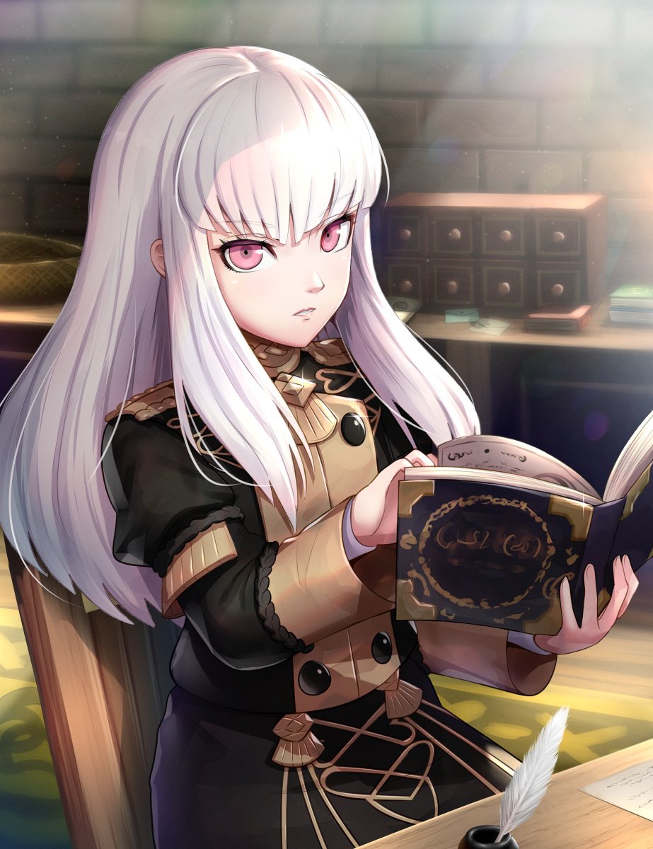1girl bangs blush book epaulettes feathers fire_emblem fire_emblem:_three_houses gonzarez highres jacket long_hair long_sleeves looking_at_viewer lysithea_von_ordelia pink_eyes simple_background solo uniform upper_body violet_eyes white_hair