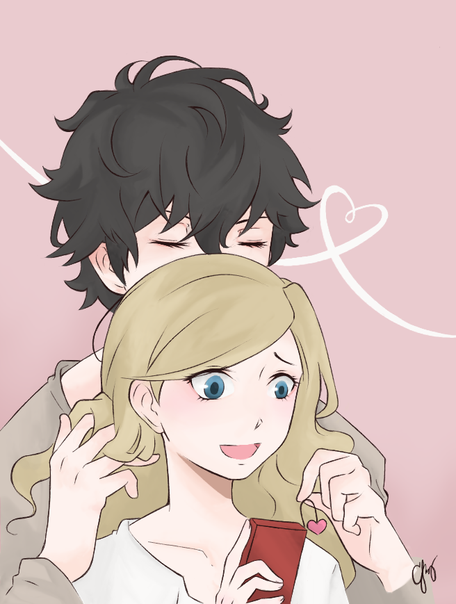 1boy 1girl amamiya_ren atlus black_hair blonde_hair blue_eyes closed_eyes couple cute deviantart errors1007 eyelashes long_hair love megami_tensei pajamas persona persona_5 phone short_hair smelling takamaki_anne telephone twintails white_shirt