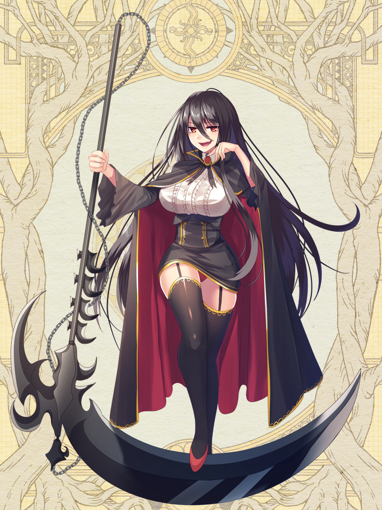 1girl black_cape black_hair black_skirt breasts brooch brown_eyes cape dairoku_youhei frills full_body garter_straps hair_between_eyes hand_up holding holding_weapon jewelry large_breasts long_hair red_cape red_footwear scythe skirt smile solo thigh-highs very_long_hair weapon