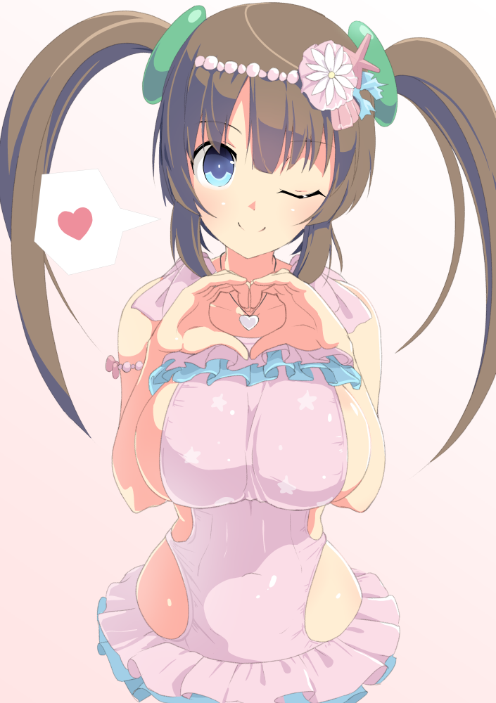 1girl armlet bangs blue_eyes blue_frills blush breasts brown_hair closed_mouth collarbone coral covered_navel facing_viewer flower frilled_swimsuit frills gradient gradient_background hair_between_eyes hair_flower hair_ornament hands_up heart heart_hands heart_necklace jewelry large_breasts long_hair looking_at_viewer minori_(senran_kagura) one-piece_swimsuit one_eye_closed pink_background pink_frills pink_swimsuit ring_hair_ornament senran_kagura shiny shiny_hair shiny_skin sideboob sidelocks smile solo spoken_heart star star_print starfish swimsuit swimsuit_skirt tottotonero twintails upper_body white_background