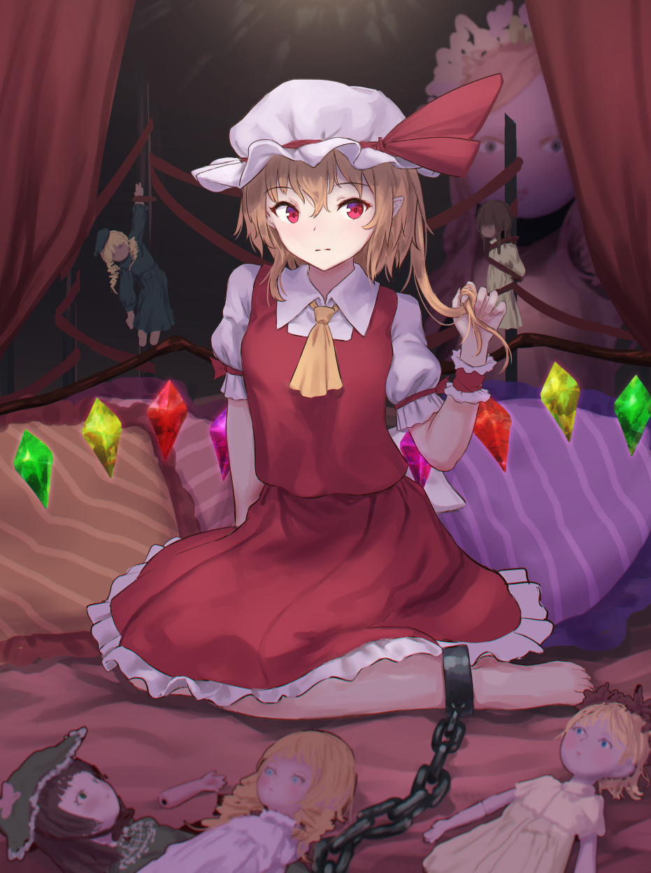 1girl ascot bangs barefoot blonde_hair chain commentary_request crystal cuffs curtains doll eyebrows_visible_through_hair flandre_scarlet hair_between_eyes hand_up hat hat_ribbon highres indoors long_hair looking_at_viewer mob_cap petticoat pillow puffy_short_sleeves puffy_sleeves red_eyes red_ribbon red_skirt red_vest ribbon roke_(taikodon) shackles shirt short_sleeves sitting skirt solo touhou vest white_headwear white_shirt wings wrist_cuffs yellow_neckwear