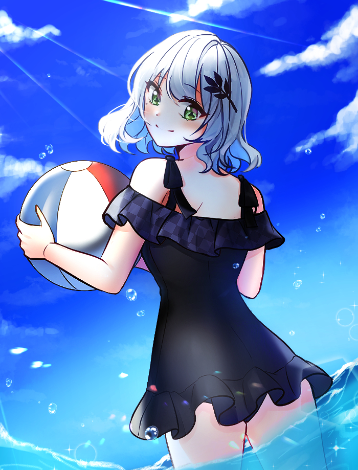 1girl ball bangs bare_shoulders beachball black_swimsuit blue_sky blush casual_one-piece_swimsuit checkered closed_mouth clouds day eyebrows_visible_through_hair from_behind green_eyes hair_ornament holding holding_ball looking_at_viewer looking_back mamel_27 one-piece_swimsuit original outdoors silver_hair sky smile solo sunlight swimsuit unmoving_pattern wading water