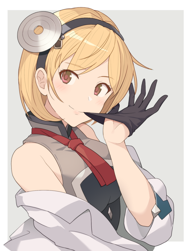 1girl bangs bare_shoulders black_gloves black_hairband blonde_hair blush border breasts closed_mouth commentary_request djeeta_(granblue_fantasy) eyebrows_visible_through_hair gloves granblue_fantasy grey_background hair_ornament hairband hinami_(hinatamizu) jacket long_sleeves looking_at_viewer medium_breasts necktie off_shoulder open_clothes open_jacket red_eyes red_neckwear short_hair simple_background smile solo upper_body white_border white_jacket