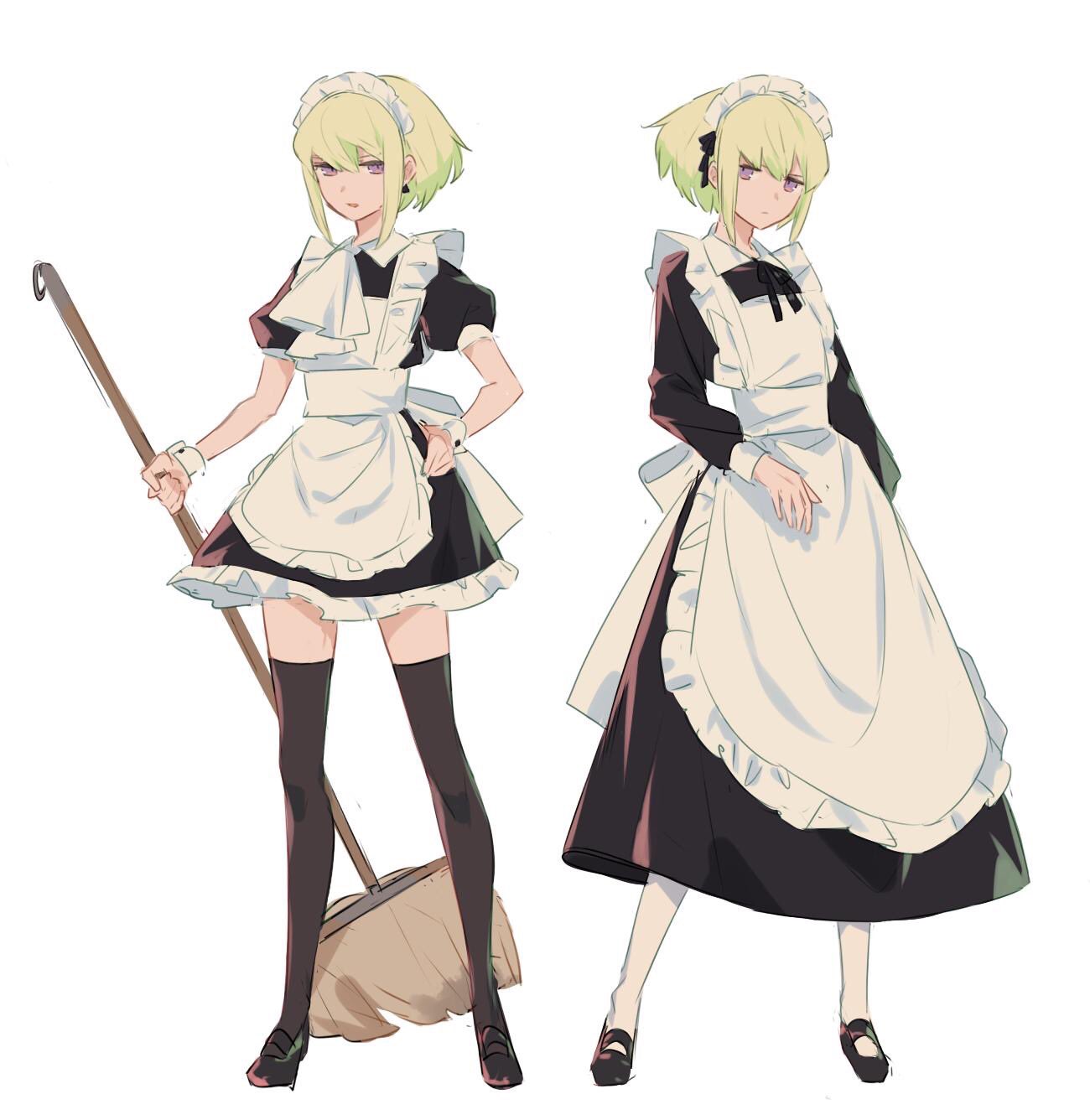 alternate_costume apron black_legwear crossdressinging enmaided frills green_hair highres lio_fotia looking_at_viewer maid maid_apron maid_headdress male_focus otoko_no_ko promare puffy_short_sleeves puffy_sleeves ribbon short_sleeves tarouoga violet_eyes waist_apron white_legwear wrist_cuffs