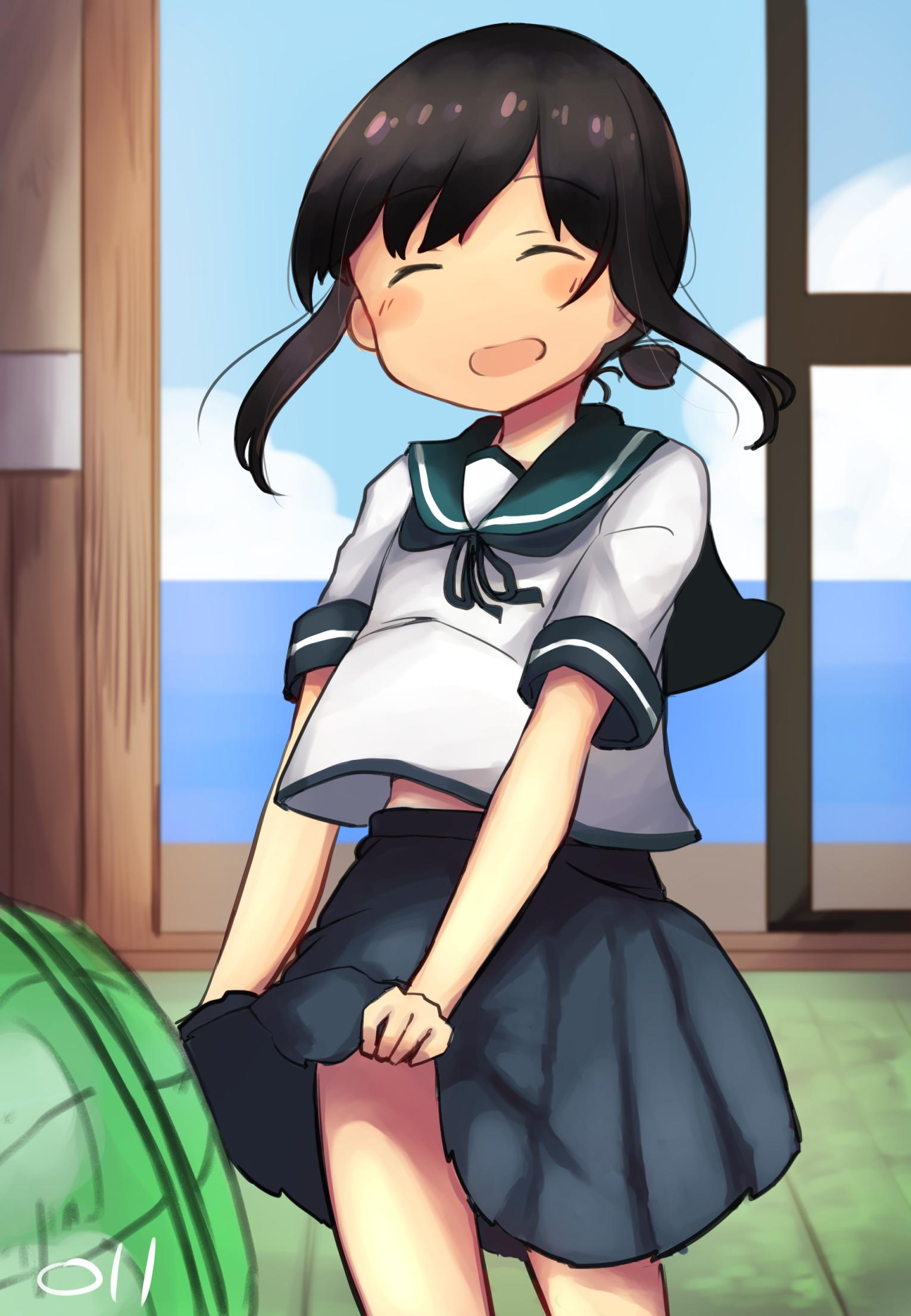 1girl black_hair blue_sailor_collar blue_skirt blue_sky closed_eyes clouds cowboy_shot door electric_fan fanning_crotch fubuki_(kantai_collection) highres horizon indoors kantai_collection long_hair looking_at_viewer low_ponytail ma_rukan pleated_skirt ponytail sailor_collar school_uniform serafuku short_ponytail sidelocks skirt sky solo