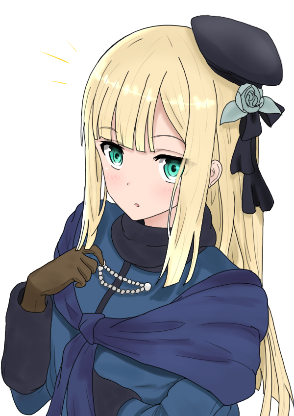 1girl :o atsumisu bangs beret black_headwear black_ribbon blonde_hair blue_dress blunt_bangs blush brown_gloves dress eyebrows_visible_through_hair fate_(series) flower gloves green_eyes grey_flower grey_rose hair_flower hair_ornament hair_ribbon hand_up hat long_hair long_sleeves looking_at_viewer lord_el-melloi_ii_case_files multiple_views parted_lips reines_el-melloi_archisorte ribbon rose simple_background tilted_headwear very_long_hair white_background