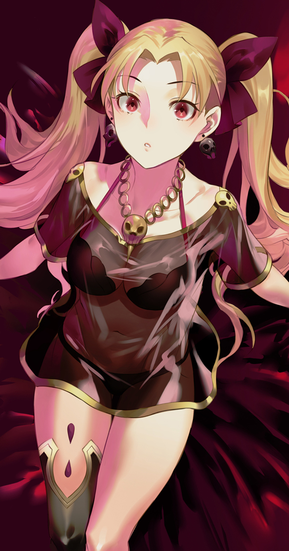 1girl bangs black_bra black_legwear black_panties black_shirt blonde_hair bra collarbone commentary_request earrings ereshkigal_(fate/grand_order) fate/grand_order fate_(series) hair_ribbon halter_top halterneck jewelry long_hair looking_at_viewer navel necklace panties parted_bangs parted_lips red_eyes ribbon salmon88 see-through shirt short_sleeves single_thighhigh solo thigh-highs thigh_gap twintails underwear