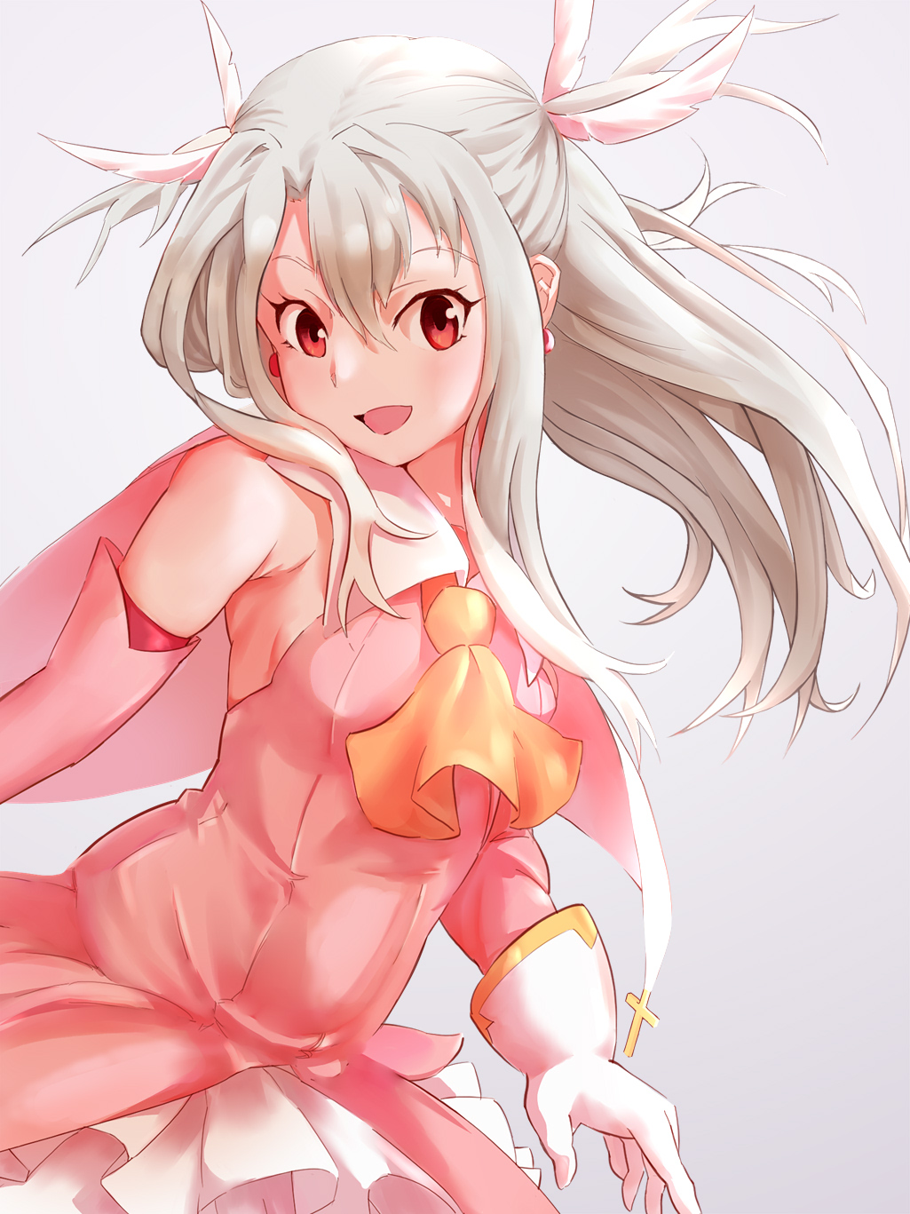 1girl bare_shoulders breasts commentary_request cross detached_sleeves dress fate/kaleid_liner_prisma_illya fate_(series) gloves hair_between_eyes highres illyasviel_von_einzbern long_hair looking_at_viewer magical_girl open_mouth oz5151 pink_dress pink_sleeves red_eyes small_breasts smile solo white_gloves white_hair
