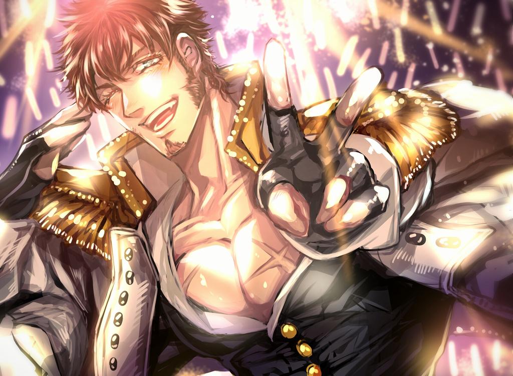 1boy beard blue_eyes blush brown_hair chest epaulettes facial_hair fate/grand_order fate_(series) gloves jacket long_sleeves looking_at_viewer male_focus military muscle napoleon_bonaparte_(fate/grand_order) one_eye_closed open_clothes open_jacket pectorals scar smile solo uniform v zuman_(zmnjo1440)