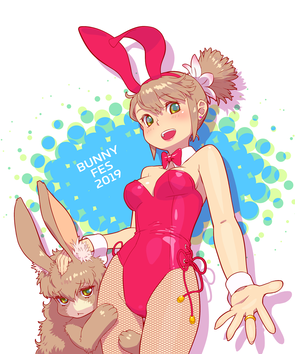 1girl 1other animal_ears bow bowtie breasts brown_hair bunny_girl bunny_tail bunnysuit commentary_request cowboy_shot detached_collar fukusuke_hachi-gou green_eyes hand_on_another's_head highres leotard lipstick looking_at_viewer makeup open_mouth original pantyhose rabbit rabbit_ears red_leotard red_neckwear short_hair side_ponytail small_breasts smile strapless strapless_leotard tail two-tone_background upper_teeth wrist_cuffs