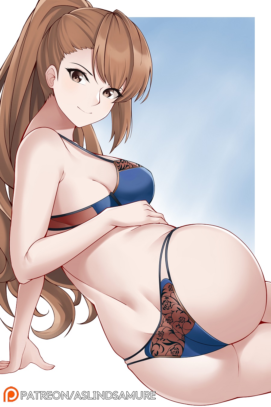 1girl arm_support aslindsamure ass asymmetrical_bangs back bangs beatrix_(granblue_fantasy) blue_bra blue_panties blush bra breasts brown_eyes brown_hair butt_crack closed_mouth commentary from_behind gradient gradient_background granblue_fantasy highleg highleg_panties highres large_breasts lingerie long_hair looking_at_viewer looking_back medium_breasts panties patreon_username ponytail reclining sideboob sidelocks simple_background skindentation smile solo string_panties underwear