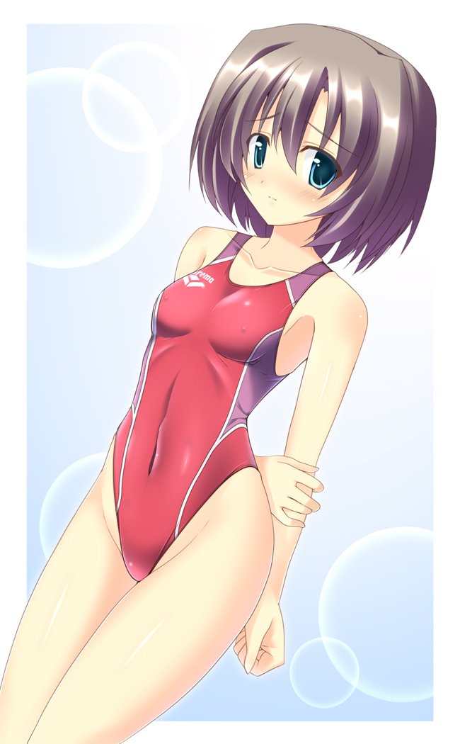 1girl arms_behind_back blue_background blush border breasts collarbone competition_swimsuit covered_navel cowboy_shot green_eyes grey_hair hizuki_aki lens_flare logo looking_at_viewer one-piece_swimsuit original red_swimsuit short_hair small_breasts solo standing swimsuit two-tone_background white_border
