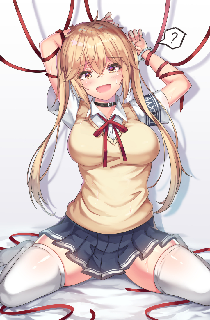 1girl ? bangs beige_sweater blonde_hair blue_skirt blush breasts cenangam collared_shirt cuffs fangs girls_frontline hair_between_eyes handcuffs long_hair looking_at_viewer m870_(girls_frontline) neck_ribbon open_mouth orange_eyes pleated_skirt red_ribbon restrained ribbon school_uniform shirt sitting skirt smile solo spoken_question_mark sweater_vest thigh-highs twintails uniform wariza white_shirt