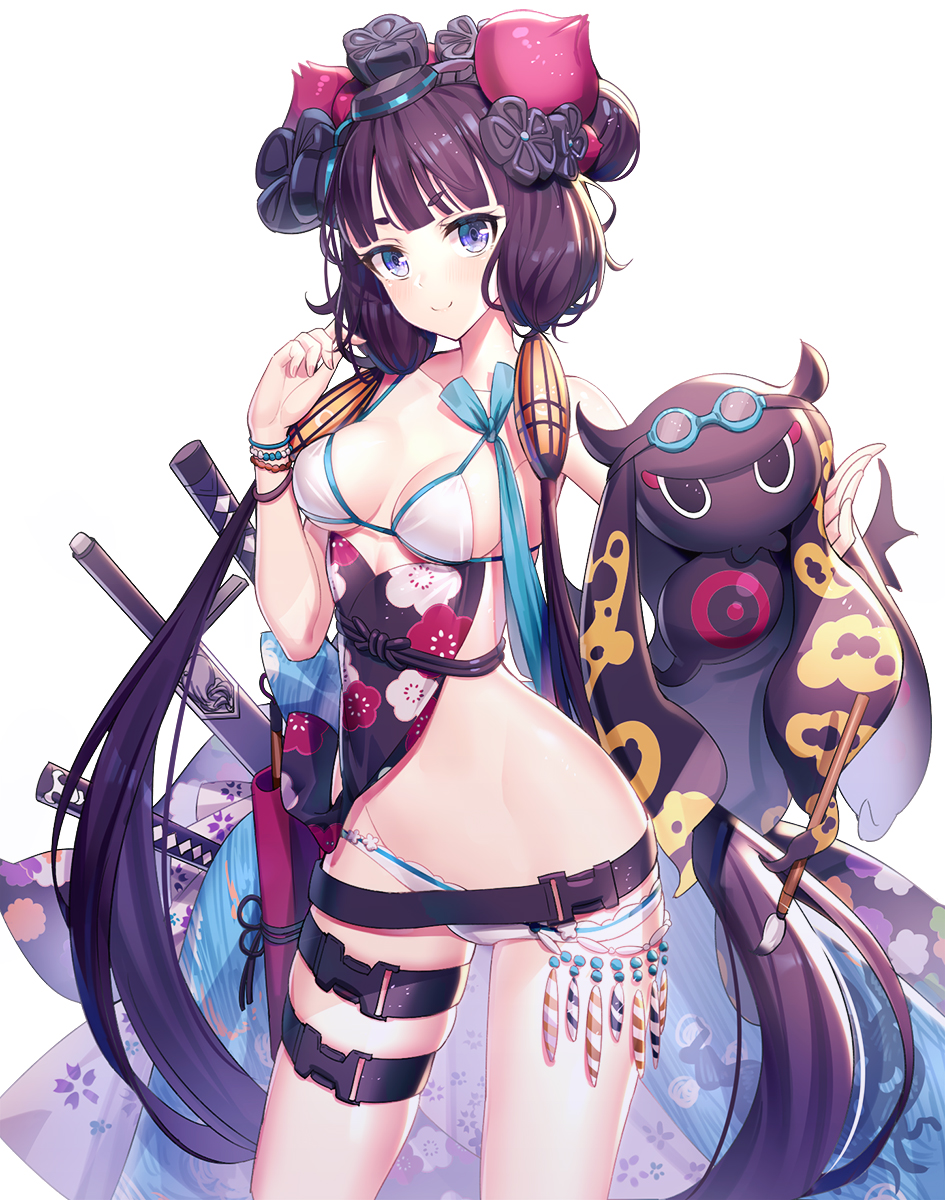 1girl bare_shoulders bikini bracelet breasts breasts_apart closed_mouth collarbone commentary_request cowboy_shot creature fate/grand_order fate_(series) floral_print goggles goggles_on_head groin hair_ornament hand_up highres jewelry katana katsushika_hokusai_(fate/grand_order) katsushika_hokusai_(swimsuit_saber)_(fate) long_hair looking_at_viewer medium_breasts purple_hair ririko_(zhuoyandesailaer) sheath sheathed simple_background skindentation smile standing swimsuit sword thigh_strap tokitarou_(fate/grand_order) very_long_hair violet_eyes weapon white_background white_bikini