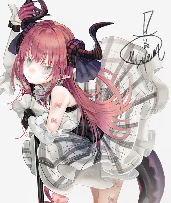 aqua_eyes bangs bare_shoulders bow closed_mouth cowboy_shot curled_horns detached_sleeves dragon_tail dress elizabeth_bathory_(fate)_(all) fate_(series) frills frown gloves grey_dress hair_ribbon holding horns leaning_forward long_hair looking_at_viewer mizutame_tori pink_bow pink_hair plaid pointy_ears pout ribbon signature simple_background solo standing tail white_background wrist_cuffs