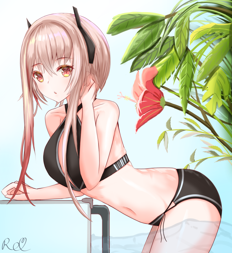 1girl bare_shoulders bikini black_swimsuit blonde_hair blush breasts commentary_request eyebrows_visible_through_hair flower girls_frontline hair_between_eyes hair_ornament hibiscus ladder large_breasts leaf leaf_background long_hair looking_at_viewer m4_sopmod_ii_(girls_frontline) open_mouth plant pool red_eyes red_flower redhead rino_rea short_hair sidelocks simple_background solo swimsuit tree water white_background