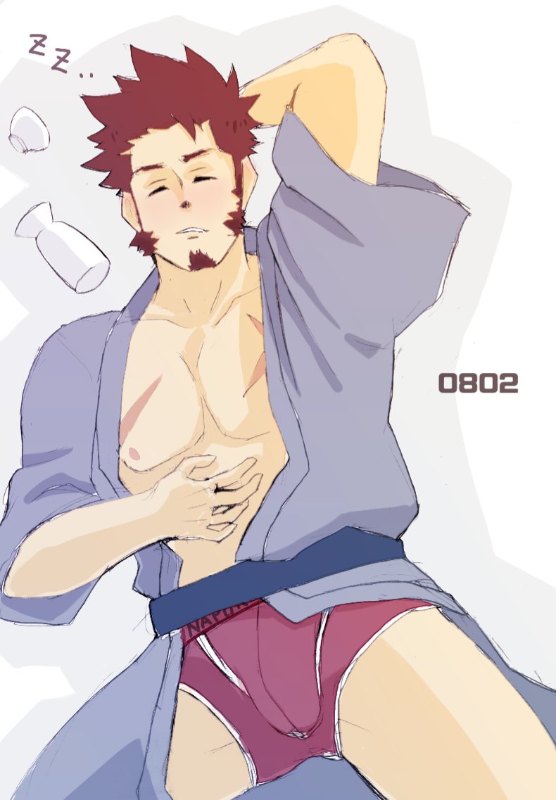 1boy abs bacibaci1129 beard blue_eyes brown_hair bulge casual chest cup facial_hair fate/grand_order fate_(series) japanese_clothes kimono long_sleeves male_focus muscle napoleon_bonaparte_(fate/grand_order) nipples open_clothes pectorals scar simple_background sleeping solo thighs underwear yukata
