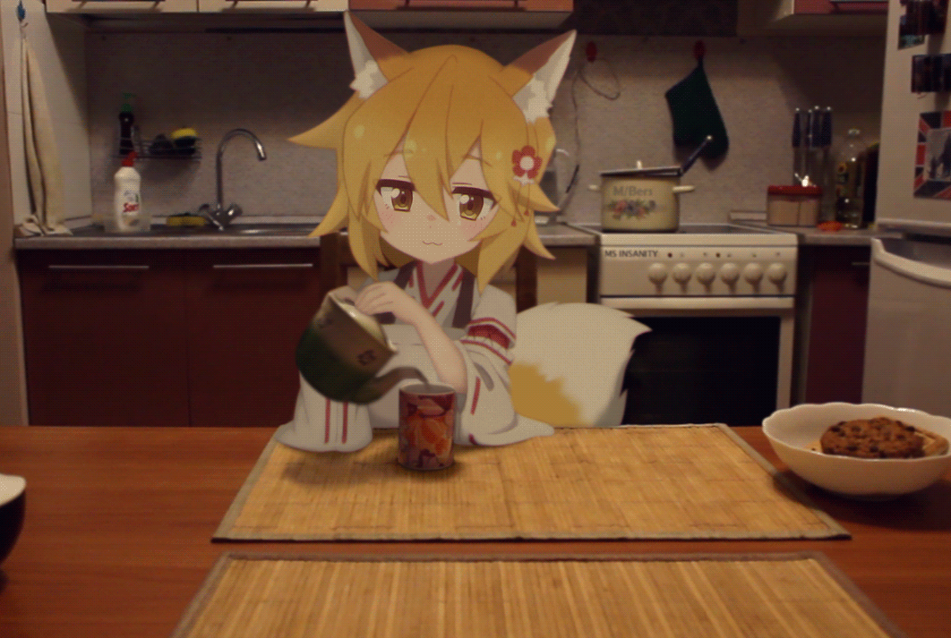 1girl :3 animal_ear_fluff animal_ears animated animated_gif artist_name blonde_hair bowl commentary cookie cup derivative_work fang flower food fox_ears fox_tail hair_between_eyes hair_flower hair_ornament huge_filesize indoors japanese_clothes kitchen looking_at_viewer looping_animation mikhail_bersenyov open_mouth photo pot pov pov_hands refrigerator russian_commentary senko_(sewayaki_kitsune_no_senko-san) sewayaki_kitsune_no_senko-san sink sitting smile stop_motion stove table tail talking teapot
