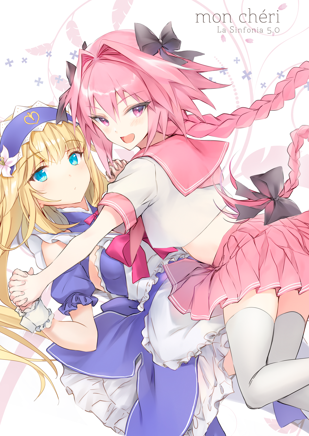1boy 1other androgynous apron astolfo_(fate) bangs bare_shoulders black_bow black_ribbon blonde_hair blue_dress blue_eyes blush bow braid chevalier_d'eon_(fate/grand_order) commentary_request dress eyebrows_visible_through_hair fate/grand_order fate/stay_night fate_(series) flower hair_ribbon highres hisagiyuu long_hair looking_at_viewer male_focus open_mouth otoko_no_ko pink_hair pink_ribbon pink_shirt pink_skirt ribbon shirt short_sleeves single_braid skirt smile thigh-highs violet_eyes white_apron white_flower white_legwear white_shirt