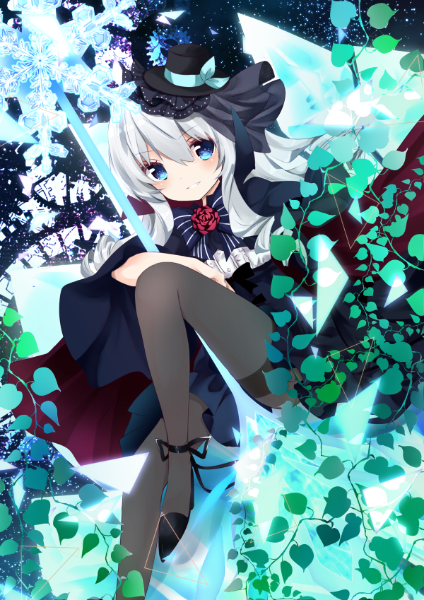 1girl bangs black_bow black_capelet black_footwear black_headwear blue_eyes blue_skirt blush bow capelet center_frills commentary_request eyebrows_visible_through_hair flower frills grey_legwear hair_between_eyes high_heels knee_up long_hair looking_at_viewer nanase_nao original pantyhose parted_lips pleated_skirt red_flower red_rose rose shirt shoes silver_hair skirt smile snowflakes solo striped striped_bow thighband_pantyhose tilted_headwear white_shirt