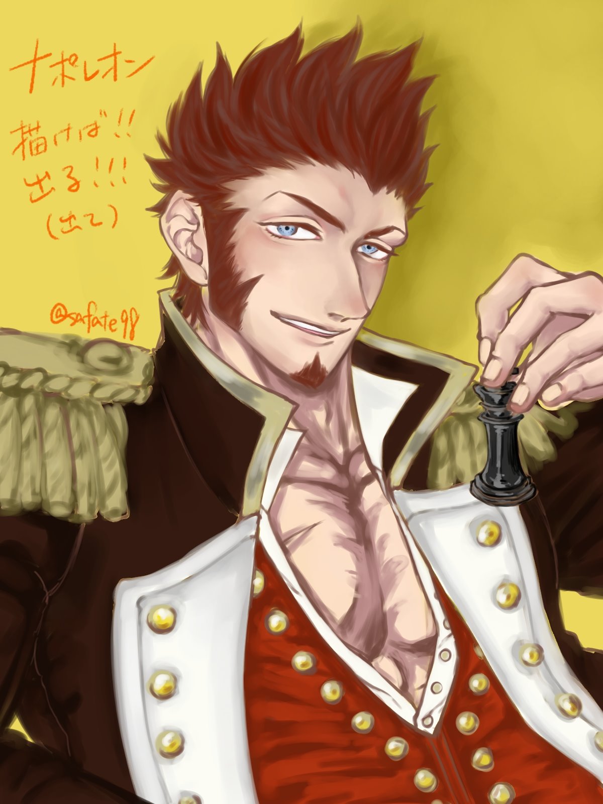 1boy beard blue_eyes blush brown_hair chess_piece chest epaulettes facial_hair fate/grand_order fate_(series) highres long_sleeves looking_at_viewer male_focus military military_uniform muscle napoleon_bonaparte_(fate/grand_order) pectorals safate98 scar simple_background smile solo translation_request uniform upper_body