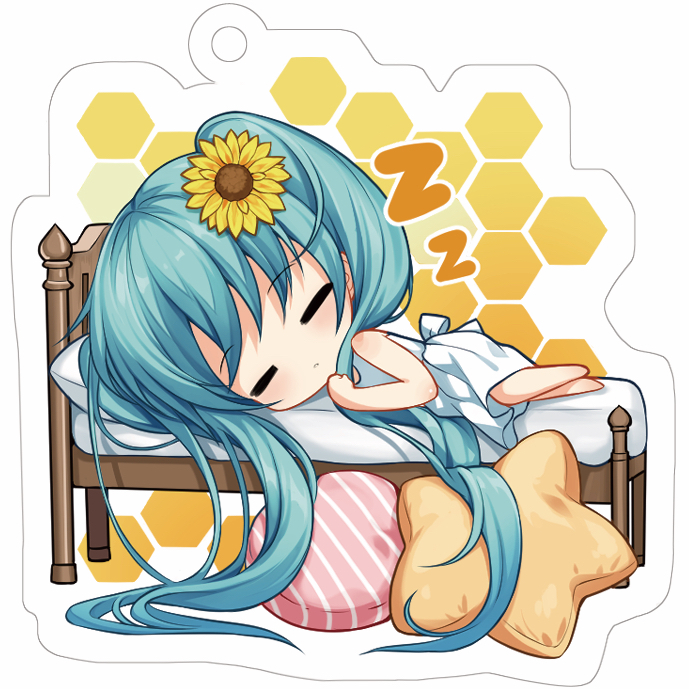 1girl absurdly_long_hair barefoot blue_hair blush chibi closed_eyes closed_mouth diagonal_stripes dress flower hair_flower hair_ornament hatsune_miku honeycomb_(pattern) honeycomb_background long_hair lying nametakenoko on_bed on_side pillow sleeping sleeveless sleeveless_dress solo star star_pillow striped sunflower twintails very_long_hair vocaloid white_background white_dress yellow_flower zzz