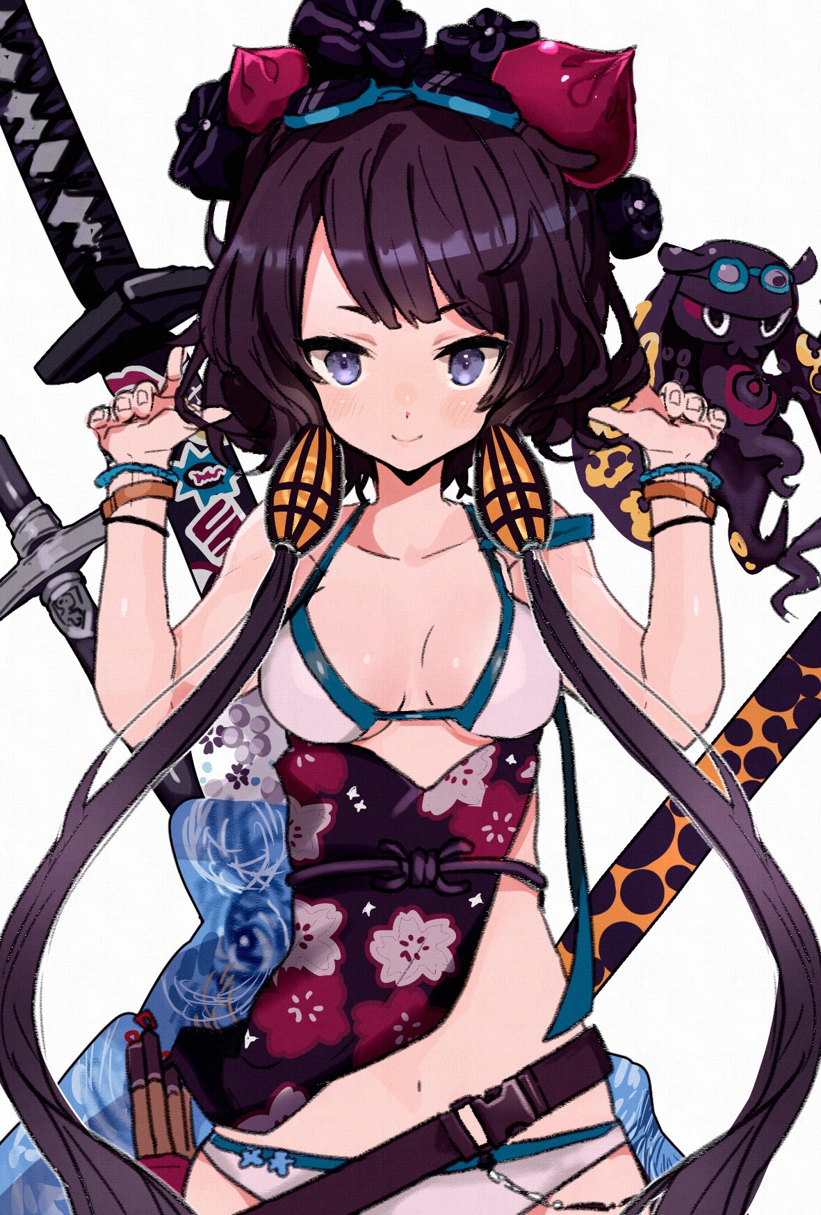 1girl bare_shoulders belt bikini breasts fate/grand_order fate_(series) floral_print goggles goggles_on_head hachi_(hachihiro) hair_ornament highres katana katsushika_hokusai_(swimsuit_saber)_(fate) looking_at_viewer octopus purple_hair sheath sheathed small_breasts smile swimsuit sword weapon white_bikini