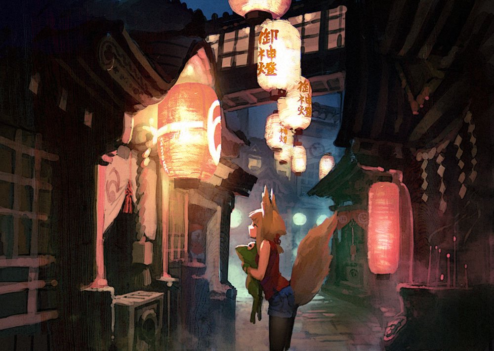 1girl alley animal animal_ears commentary_request denim denim_shorts fox_ears fox_girl fox_tail frog holding holding_animal lantern long_hair night night_sky original outdoors pantyhose red_shirt redhead rias-coast shirt shorts sky tail temple