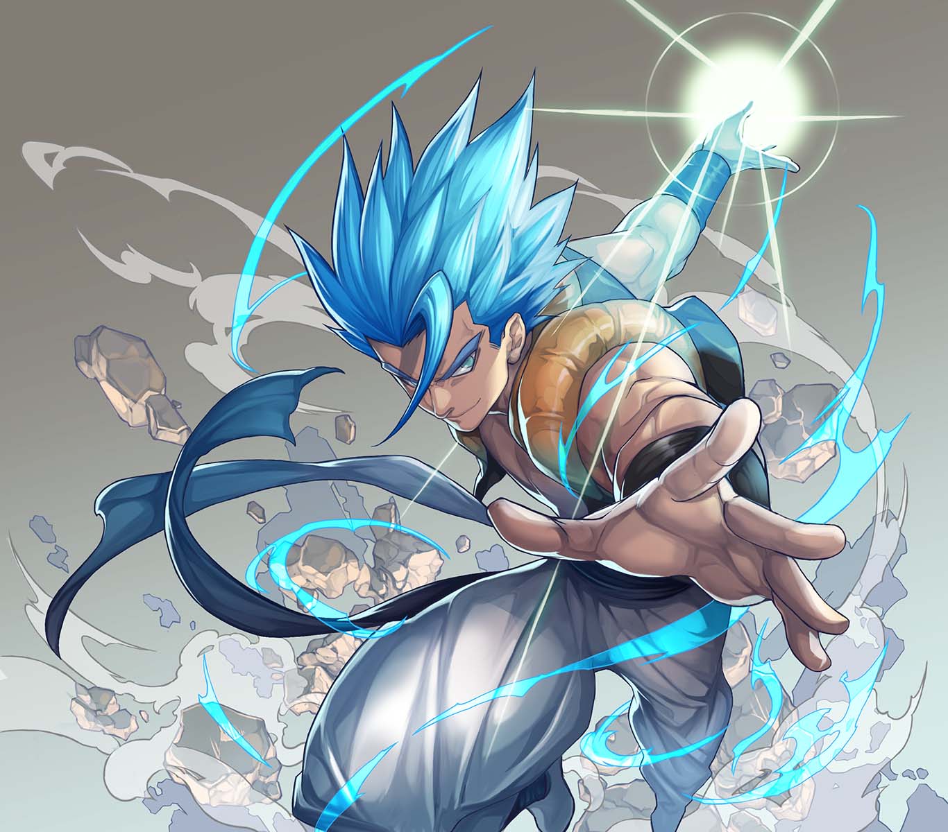 1boy aura baggy_pants bangs blue_eyes blue_hair commentary_request dragon_ball dragon_ball_super_broly energy_ball english_commentary fighting_stance gogeta gradient gradient_background grey_background grin highres katsutake leaning leaning_forward looking_away male_focus mixed-language_commentary outstretched_arm pants rock shaded_face simple_background smile smoke spiky_hair standing standing_on_one_leg super_saiyan_blue waistcoat white_background white_pants wristband
