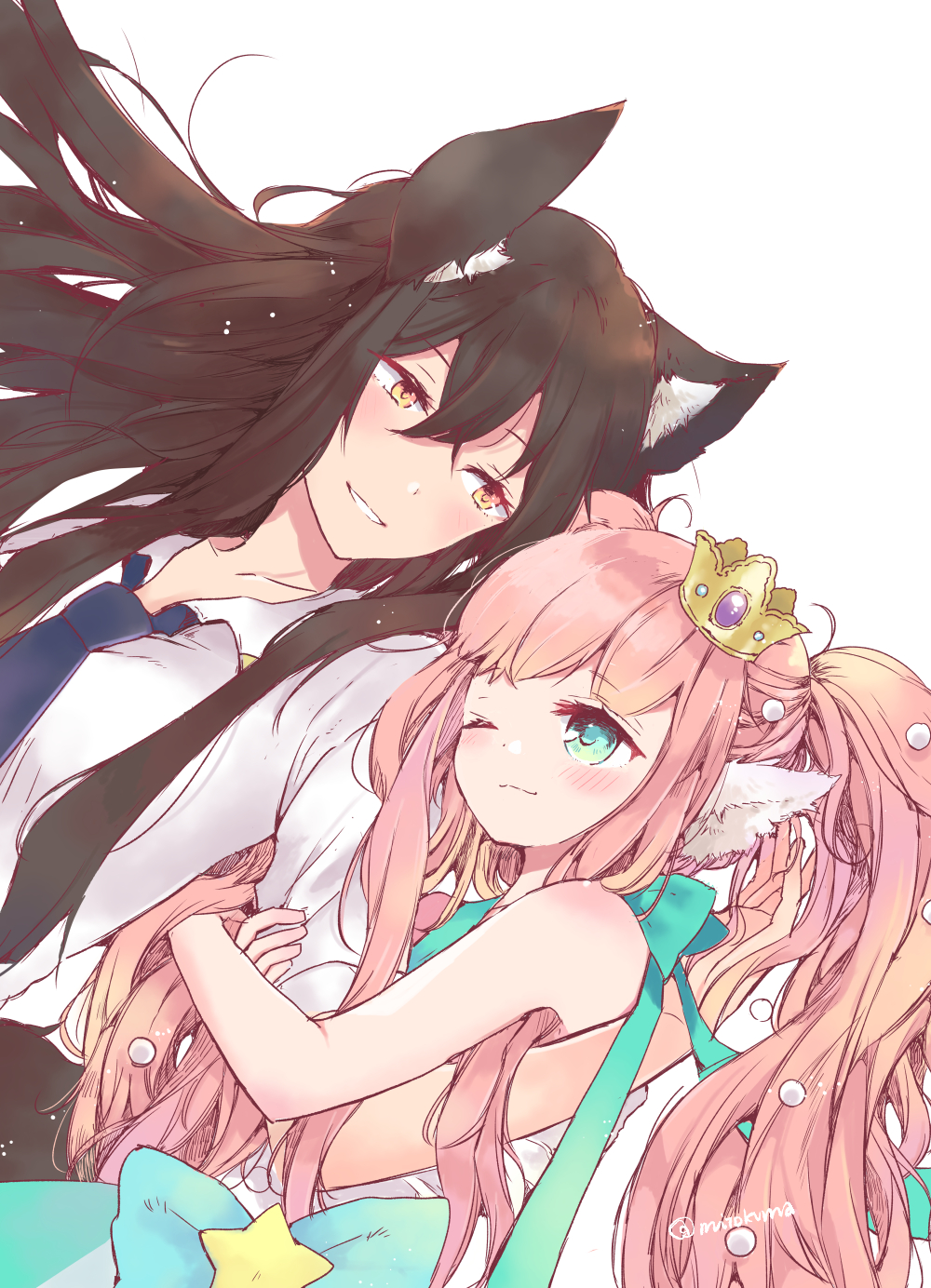 2girls ;) animal_ears arm_hug bangs bare_arms bare_shoulders blue_neckwear blush breasts brown_eyes brown_hair collarbone collared_shirt crown dress eyebrows_visible_through_hair green_dress green_eyes hair_between_eyes highres long_hair looking_at_another looking_to_the_side lying medium_breasts mini_crown mitoko_(kuma) multiple_girls necktie on_back on_side one_eye_closed original parted_lips pink_hair shirt short_sleeves simple_background sleeveless sleeveless_dress smile star tilted_headwear twintails very_long_hair white_background white_shirt wolf_ears yuri