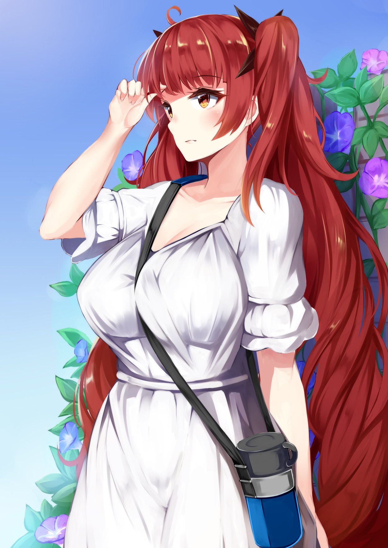 1girl azur_lane bangs between_breasts black_ribbon blue_sky blush breasts closed_mouth collarbone day dress eyebrows_visible_through_hair flask flower hair_ribbon highres honolulu_(azur_lane) irohasu large_breasts long_hair looking_away outdoors playing_with_own_hair purple_flower red_eyes redhead ribbon sky solo strap_between_breasts twintails white_dress