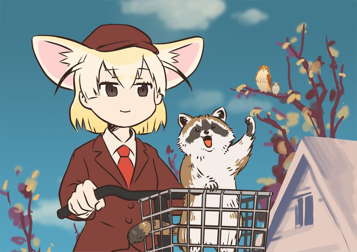 animal_ears bicycle bird blonde_hair blue_sky blunt_ends brown_eyes clouds coat fennec_(kemono_friends) ground_vehicle hand_up hat house kemono_friends necktie open_mouth owl raccoon short_hair sky smile taoi_(taoi58829762) tree