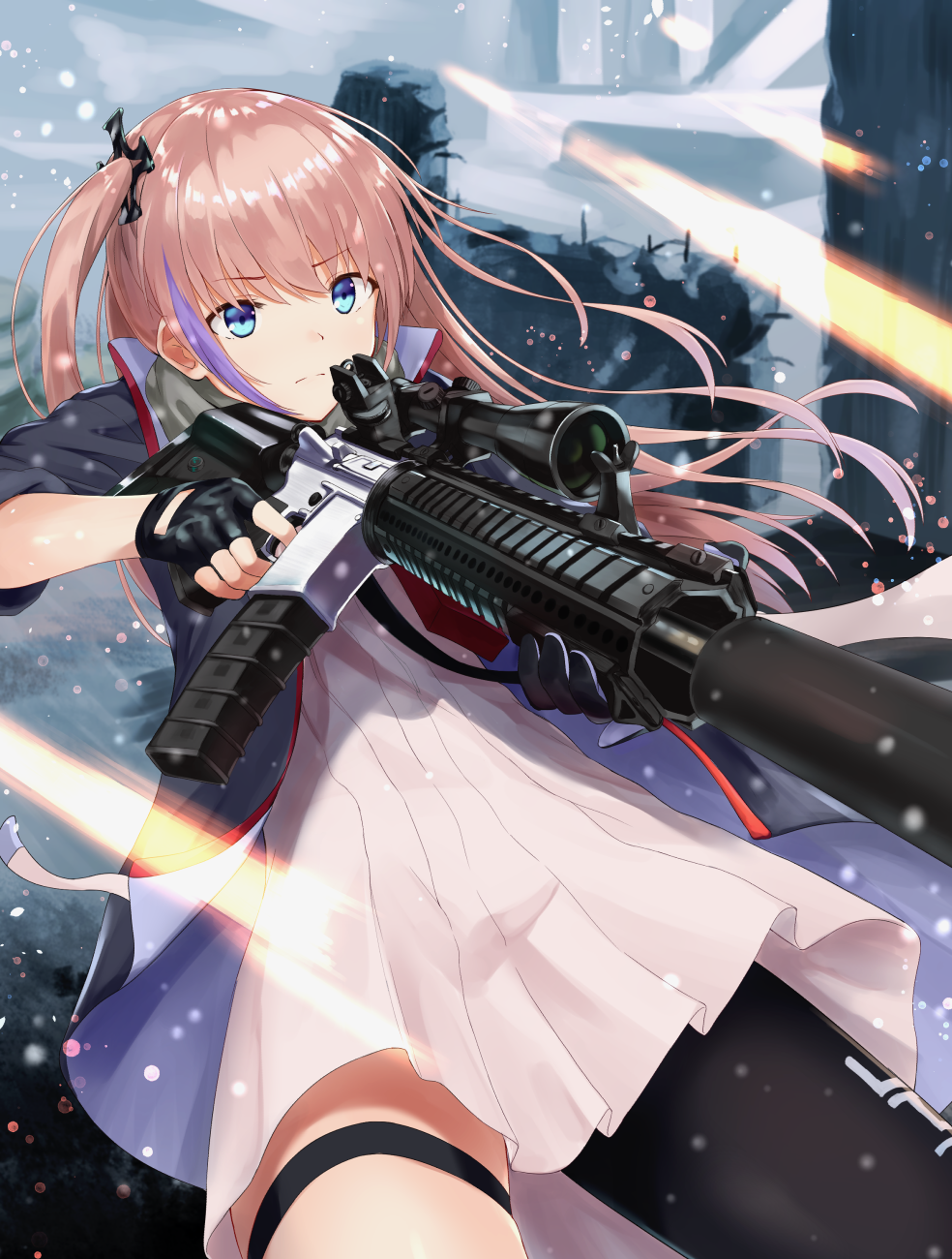 1girl akabane_hibame ar-15 assault_rifle blue_eyes closed_mouth commentary_request eyebrows_visible_through_hair fingerless_gloves girls_frontline gloves gun hair_ribbon highres holding holding_gun holding_weapon jacket magazine_(weapon) multicolored_hair one_side_up pink_hair ribbon rifle scope side_ponytail single_thighhigh solo st_ar-15_(girls_frontline) thigh-highs weapon