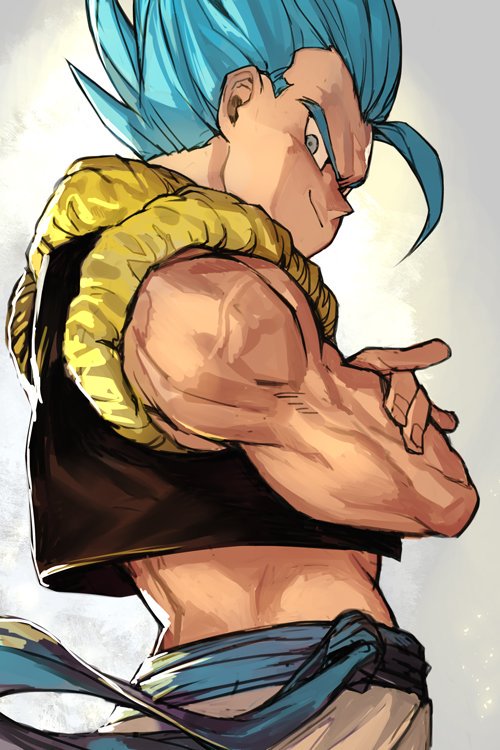 1boy blue_eyes blue_hair clothes_lift crossed_arms dragon_ball dragon_ball_super_broly fingernails frown gogeta gradient gradient_background grey_background grin hankuri looking_away looking_back male_focus midriff muscle pants profile simple_background smile spiky_hair super_saiyan_blue upper_body veins waistcoat white_background white_pants wind wind_lift