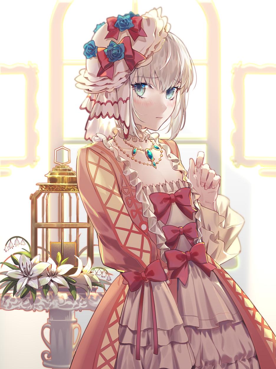 1girl ahoge alternate_costume birdcage blue_flower blush breasts cage closed_mouth collarbone commentary_request csyko dress eyebrows_visible_through_hair fate_(series) flower flower_hat formal frilled_dress frills gray_(lord_el-melloi_ii) green_eyes grey_hair hair_between_eyes hat highres jewelry looking_at_viewer lord_el-melloi_ii_case_files necklace pink_dress red_ribbon ribbon short_hair small_breasts solo white_flower