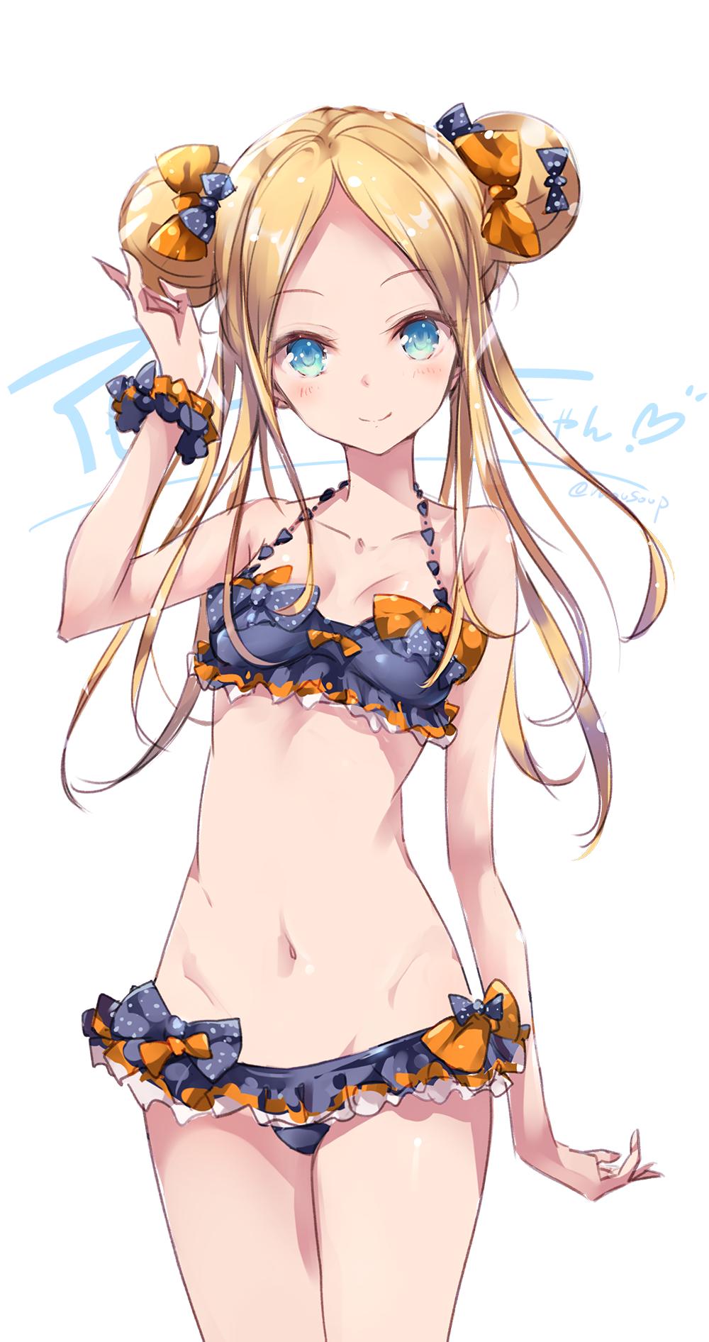 1girl abigail_williams_(fate/grand_order) arm_up background_text bangs bare_arms bare_shoulders bikini black_bikini black_bow blonde_hair blue_eyes blush bow breasts closed_mouth collarbone commentary_request double_bun emerald_float eyebrows_visible_through_hair fate/grand_order fate_(series) forehead groin hair_bow heart highres long_hair moupii_(hitsuji_no_ki) navel orange_bow parted_bangs polka_dot polka_dot_bow sidelocks simple_background small_breasts smile solo swimsuit twitter_username white_background