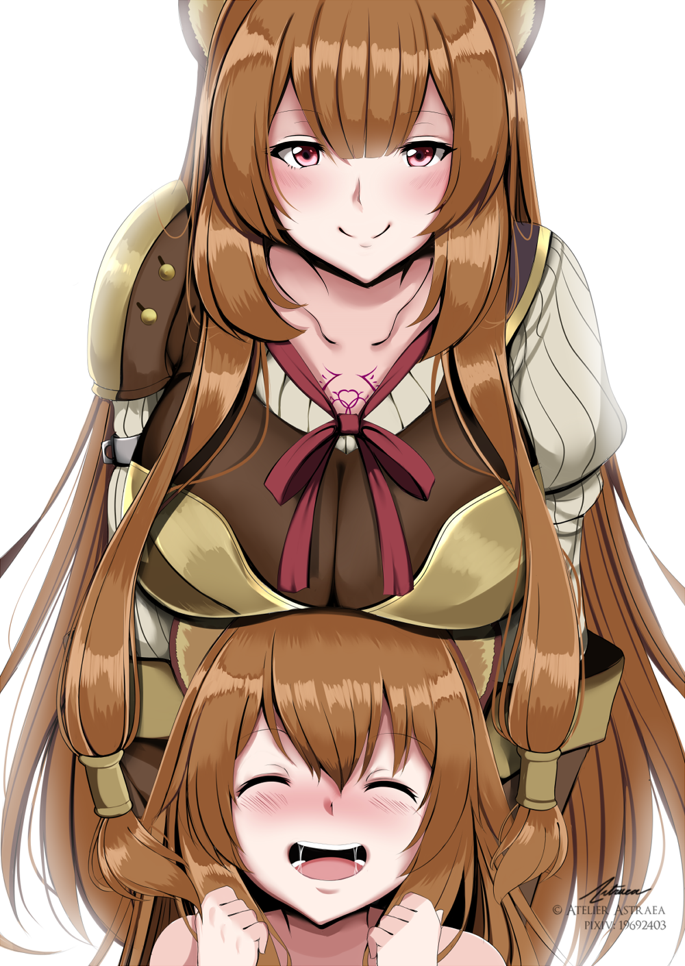2girls ^_^ ^o^ animal_ears astraea_(atelierastraea) bangs blunt_bangs blush breast_rest breasts breasts_on_head brown_hair chest_tattoo closed_eyes closed_mouth commentary dual_persona eyebrows_visible_through_hair facing_viewer happy highres large_breasts long_hair looking_at_viewer multiple_girls open_mouth raccoon_ears raccoon_girl raphtalia red_ribbon revision ribbon saliva shiny shiny_hair simple_background smile tate_no_yuusha_no_nariagari tattoo violet_eyes white_background