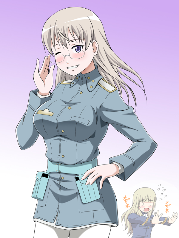 2girls bespectacled blonde_hair blush breasts eila_ilmatar_juutilainen eyebrows_visible_through_hair glasses gradient gradient_background grin hand_on_hip hiro_yoshinaka large_breasts looking_at_viewer military military_uniform multiple_girls no_eyewear one_eye_closed open_mouth pantyhose parted_lips perrine_h_clostermann purple_background shiny shiny_hair simple_background smile strike_witches sweatdrop teeth uniform violet_eyes white_background white_hair white_legwear world_witches_series