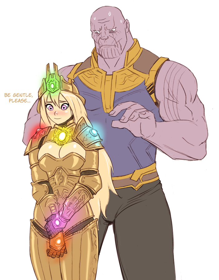 1boy 1girl armor avengers:_endgame bald blonde_hair blush breasts cowboy_shot crown embarrassed english_text flick-the-thief gijinka hair_between_eyes hairband humanization infinity_gauntlet infinity_gems long_hair marvel original personification purple_skin simple_background size_difference smile solo standing sweat text_focus thanos violet_eyes what white_background