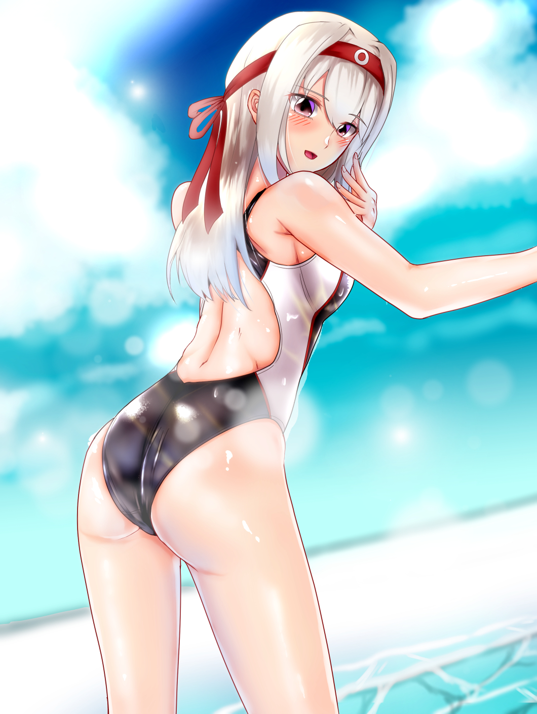 1girl ass brown_eyes commentary_request competition_swimsuit feet_out_of_frame from_behind headband highres kantai_collection leaning_forward long_hair looking_at_viewer looking_back one-piece_swimsuit parazan_d shoukaku_(kantai_collection) solo standing swimsuit white_hair