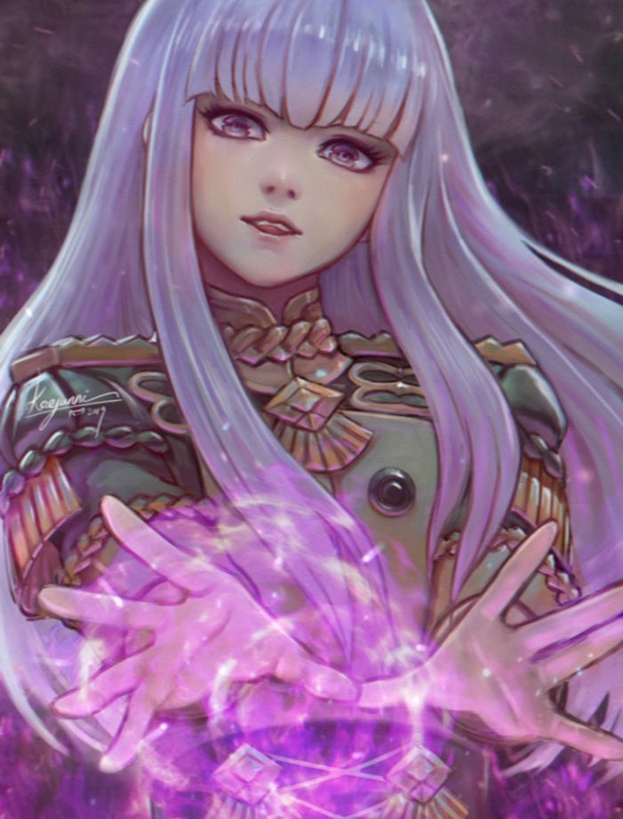 1girl bangs blush closed_mouth epaulettes fire_emblem fire_emblem:_three_houses jacket kaejunni long_hair long_sleeves looking_at_viewer lysithea_von_ordelia open_mouth pink_eyes simple_background smile solo uniform upper_body violet_eyes white_hair