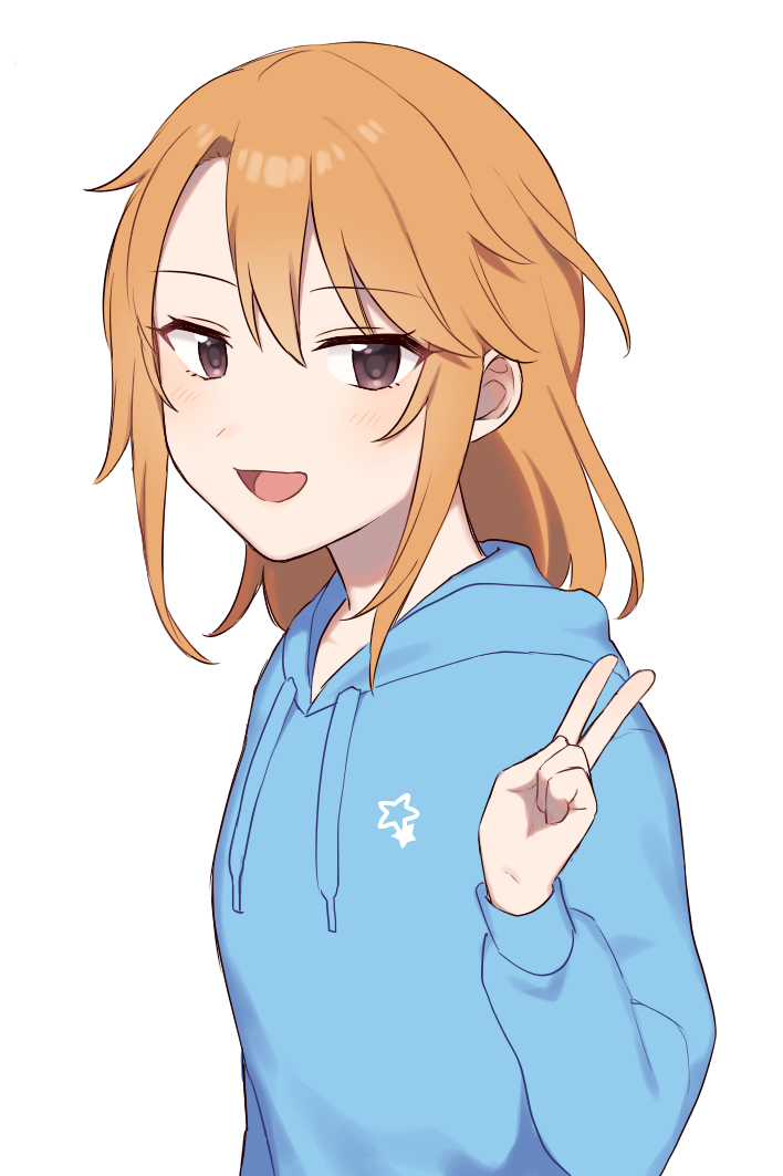 1girl black_eyes blonde_hair blue_hoodie blush character_request cho628 commentary_request eyebrows_visible_through_hair hair_between_eyes hood hoodie idolmaster idolmaster_cinderella_girls long_hair looking_at_viewer open_mouth sidelocks simple_background solo v white_background