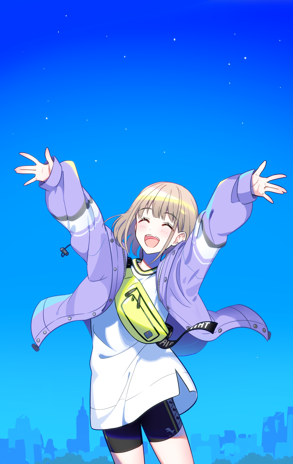 arms_up black_shorts blue_background blue_eyes blue_sky blush brown_hair cityscape closed_eyes commentary cowboy_shot earrings fanny_pack highres idolmaster idolmaster_shiny_colors jewelry long_sleeves night night_sky open_mouth outstretched_arms purple_coat serizawa_asahi shirt short_hair shorts sketch sky smile star white_shirt yuura