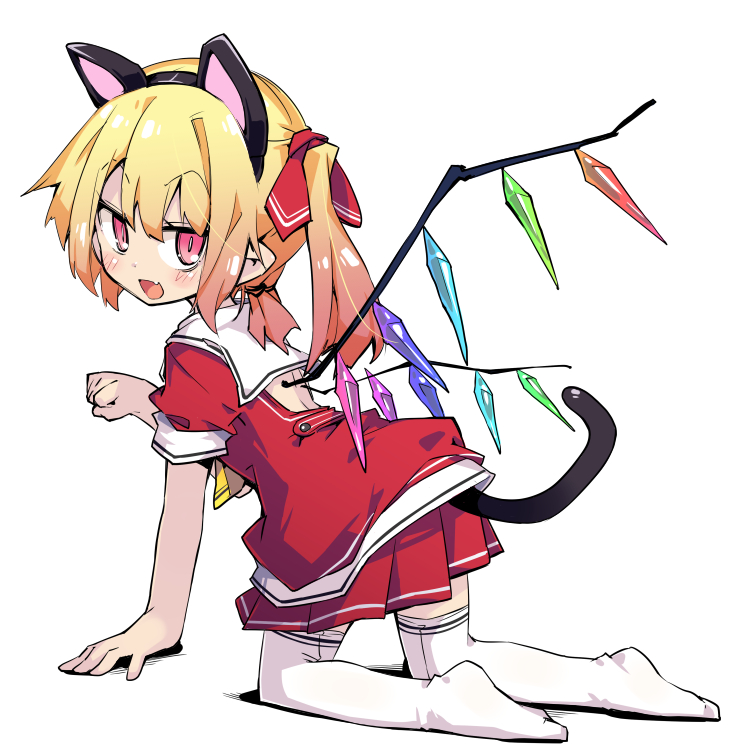 1girl all_fours animal_ears bangs blonde_hair cat_ears cat_tail crystal dress eyebrows_visible_through_hair fake_animal_ears fang flandre_scarlet from_behind full_body hair_ribbon jitome looking_at_viewer medium_hair no_shoes noya_makoto paw_pose pleated_skirt pointy_ears red_dress red_eyes red_ribbon red_skirt ribbon sailor_collar short_sleeves side_ponytail sidelocks simple_background skin_fang skirt slit_pupils solo tail thigh-highs touhou white_background white_legwear wings
