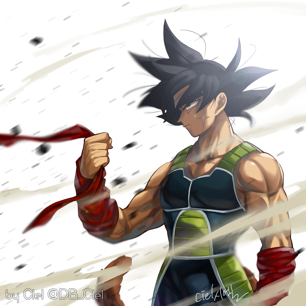 1boy arm_at_side armor backlighting bandana bardock black_eyes black_hair blurry clothes_lift depth_of_field dragon_ball expressionless facial_scar floating_hair holding holding_clothes looking_away male_focus monkey_tail muscle profile red_bandana rock scar scar_on_cheek signature simple_background smoke spiky_hair tail tarutobi twitter_username upper_body white_background wind wind_lift wristband