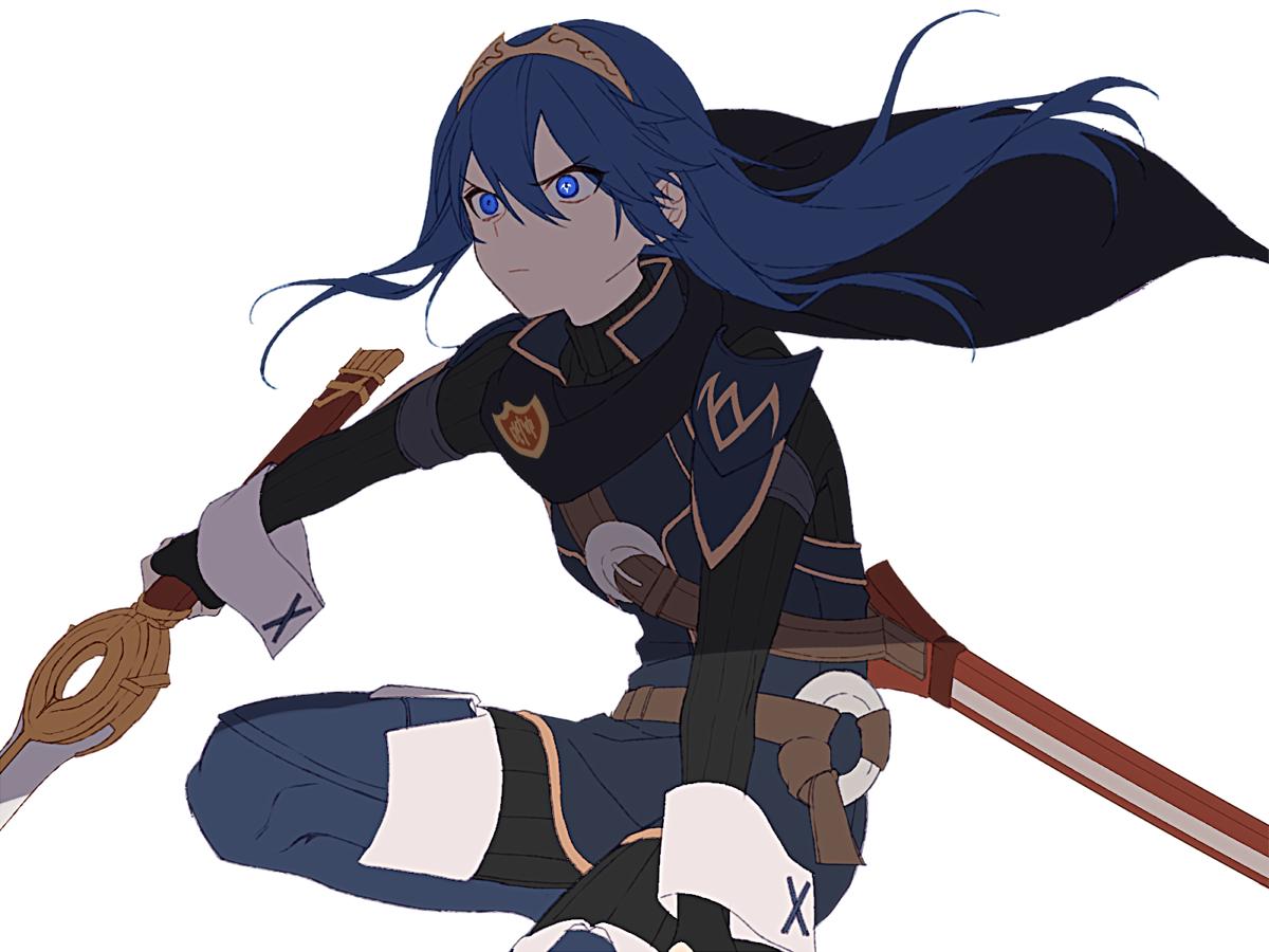 1girl angry blue_eyes blue_hair boots cape closed_mouth fingerless_gloves fire_emblem fire_emblem:_kakusei fire_emblem_awakening gloves hair_ornament intelligent_systems long_hair lucina lucina_(fire_emblem) nintendo princess ryon_(ryonhei) sheath simple_background squatting super_smash_bros. sword symbol-shaped_pupils tiara turtleneck weapon white_background