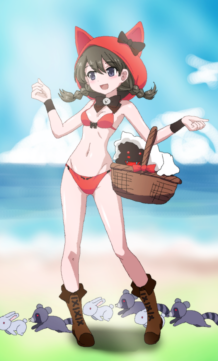 1girl basket beach bikini black_ribbon blue_eyes blush brown_footwear doggy_(nyanko_daisensou) hayashiya_zankurou highres minya_(nyanko_daisensou) nyanko_daisensou rabbit raccoon red_bikini red_hood ribbon swimsuit