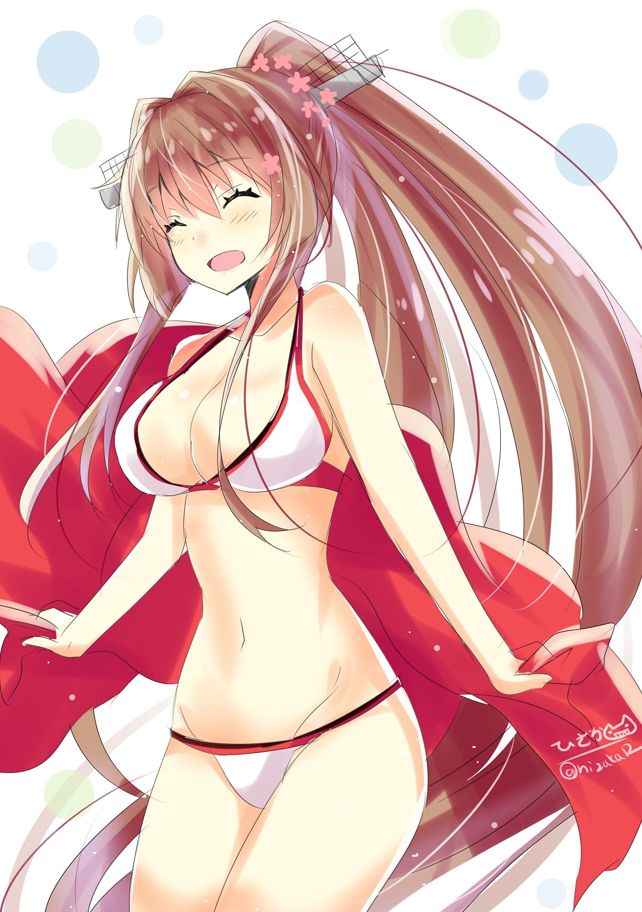 1girl bikini blush breasts brown_hair cherry_blossoms closed_eyes eyebrows_visible_through_hair flower hair_between_eyes hair_flower hair_ornament highres hizaka kantai_collection large_breasts long_hair navel open_mouth ponytail smile solo swimsuit thigh-highs very_long_hair white_bikini yamato_(kantai_collection)